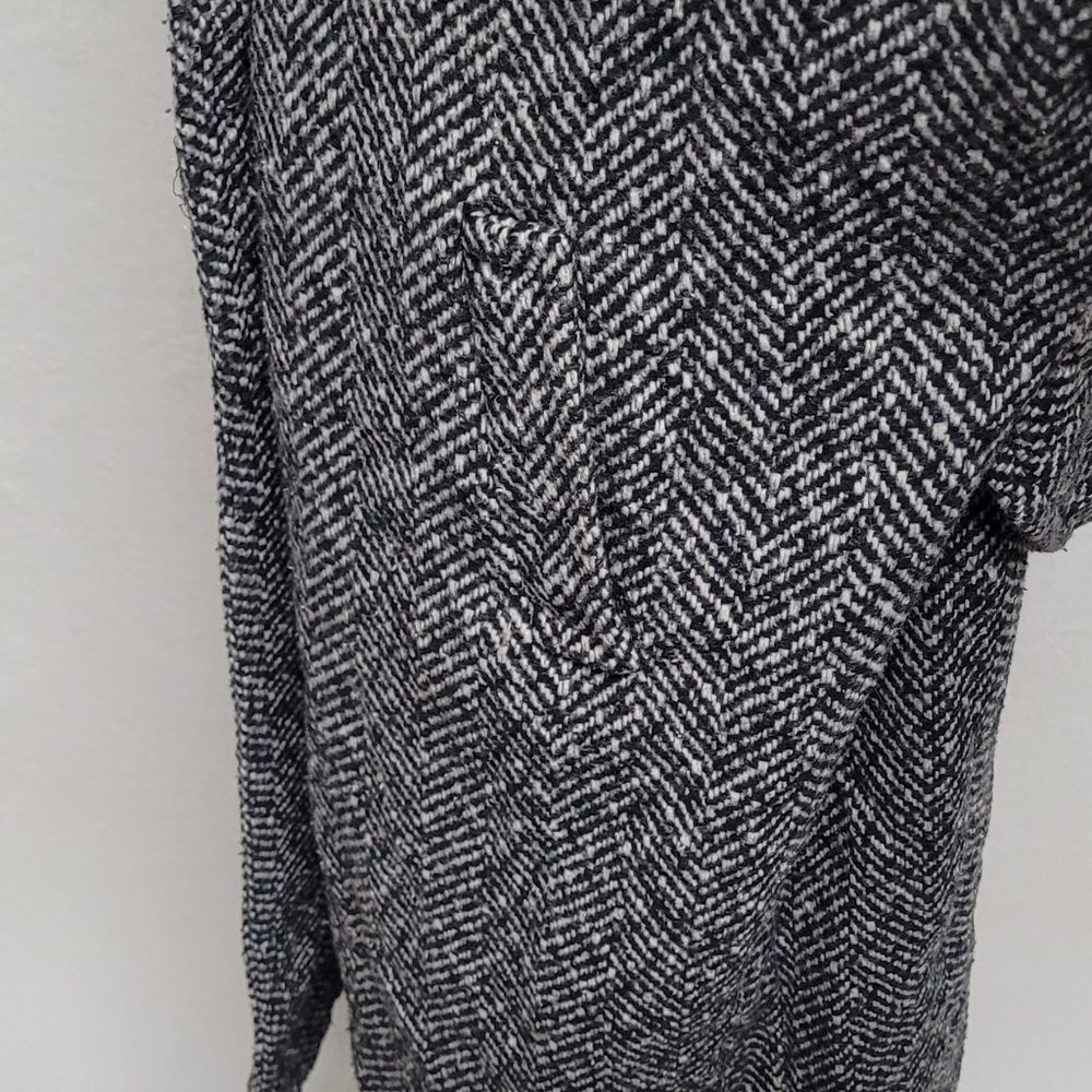 80s Vintage Black Gray Herringbone Wool Balloon Sleeve Longline Trench Coat XL - Picture 9 of 13